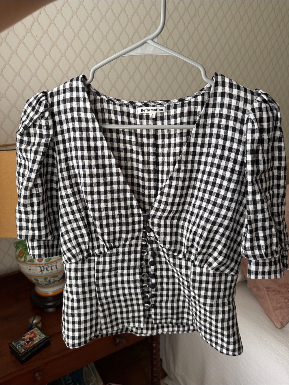 Reformation Black and White Gingham Puff-Sleeve Button-Front Top